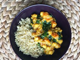 Kari sa leblebijama, slatkim krompirom, spanaćem i kokosom